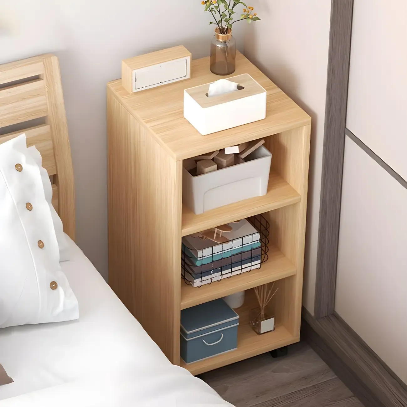 Natural Wooden Bedside Table with Open Shelves Storage Image - 7