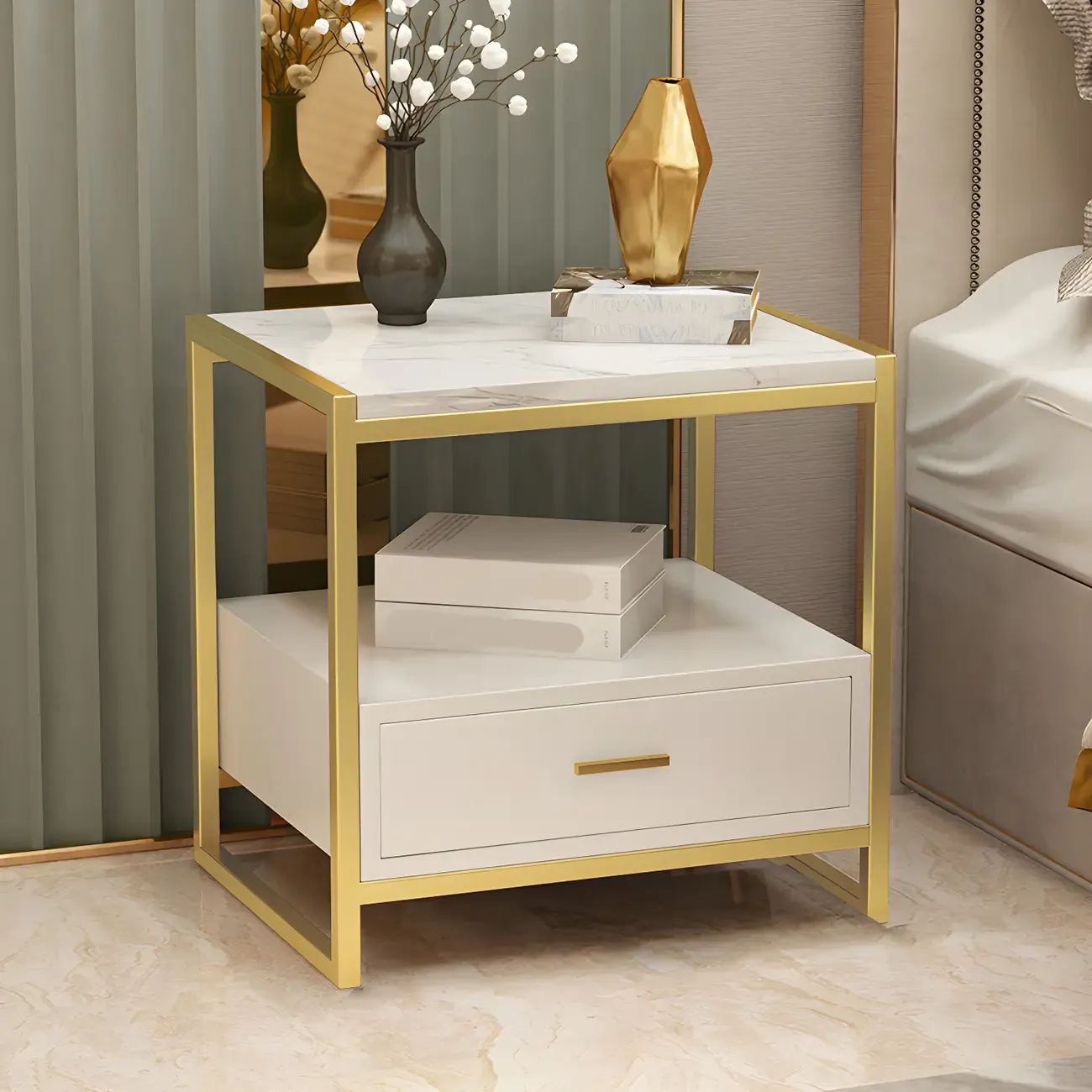 Modern White Bedside Table with Marble Top and Drawer Storage Image - 2