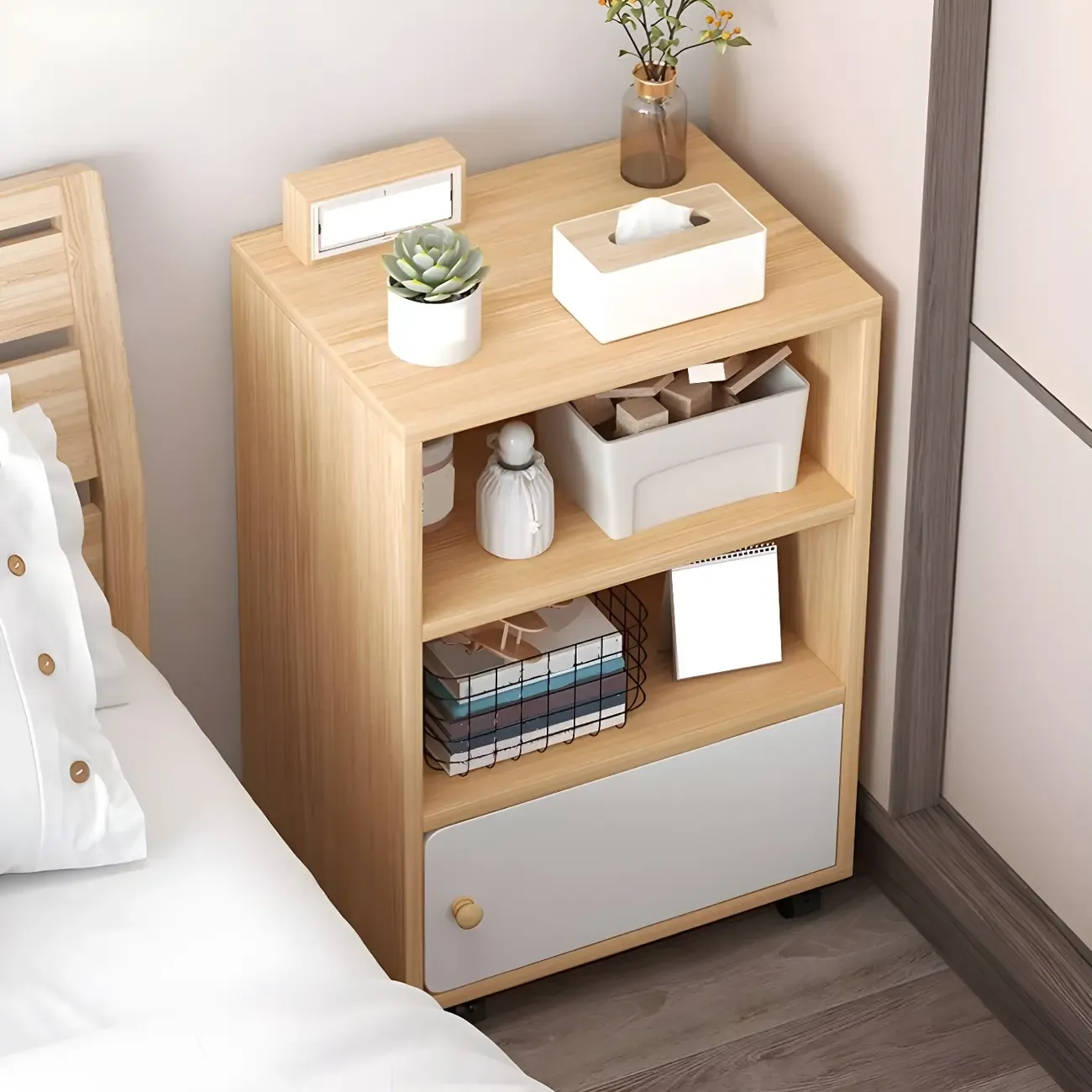 Natural Wooden Bedside Table with Open Shelves Storage Image - 8