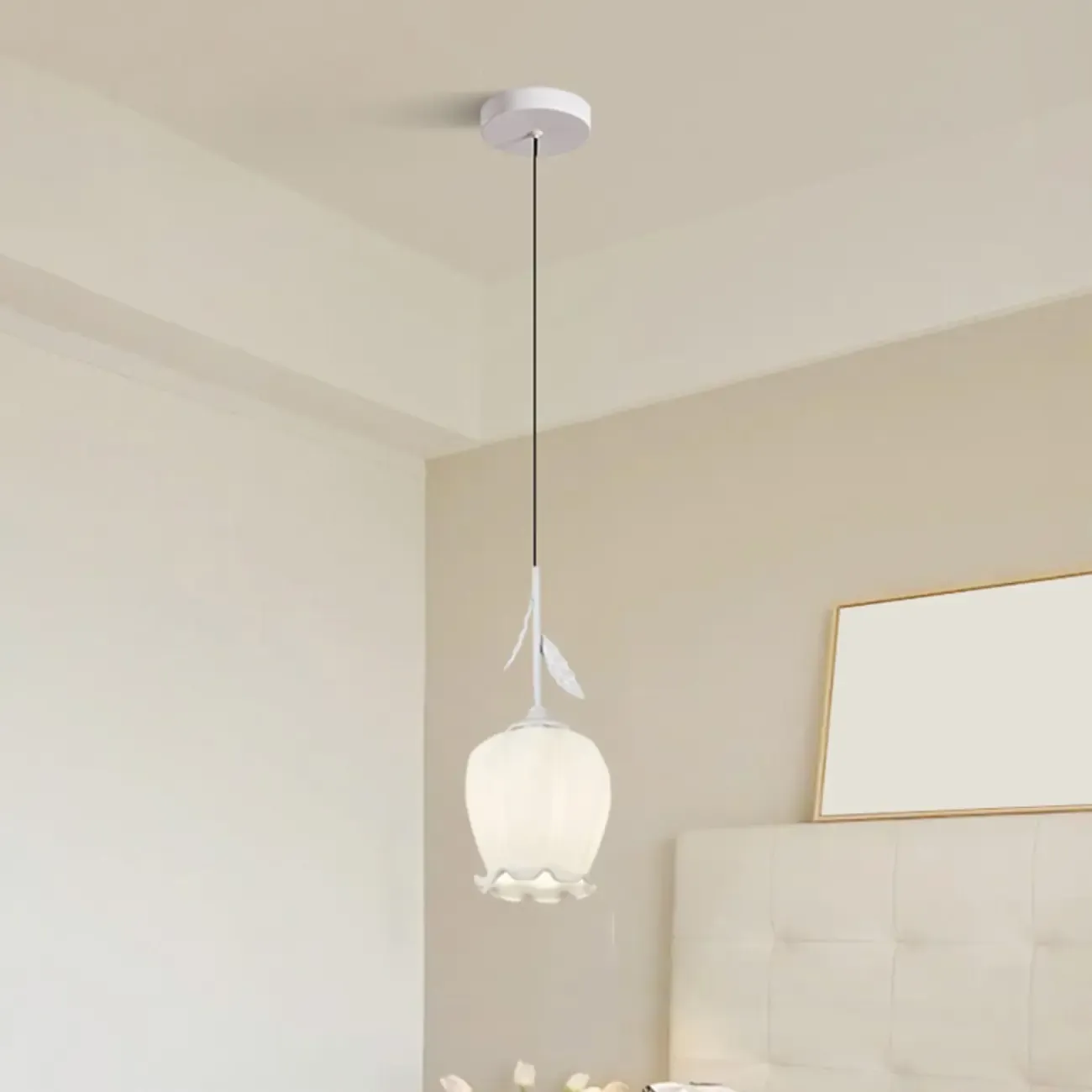 Kids white glass floral led pendant lamp with Tulip shape for bedside Image - 2