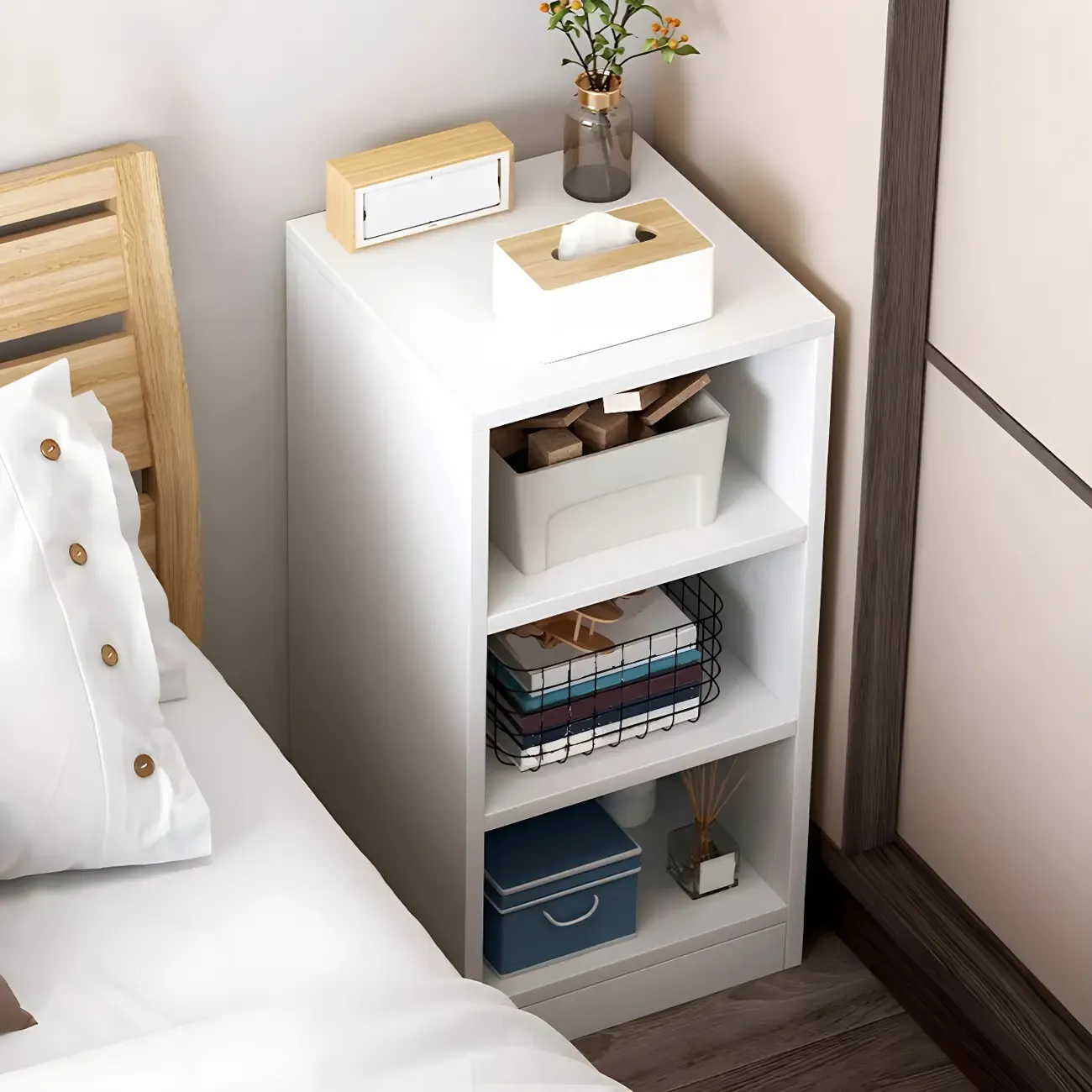 Natural Wooden Bedside Table with Open Shelves Storage Image - 10
