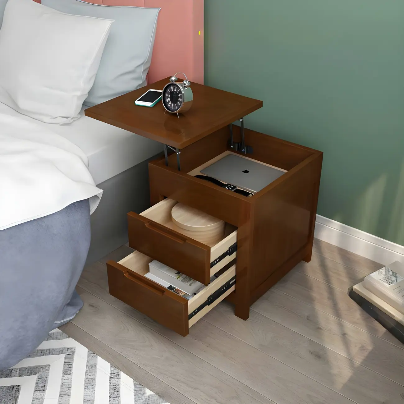 Narrow Rubberwood Lift-Top Bed Side Table with Drawers Image - 4 | homeyfad