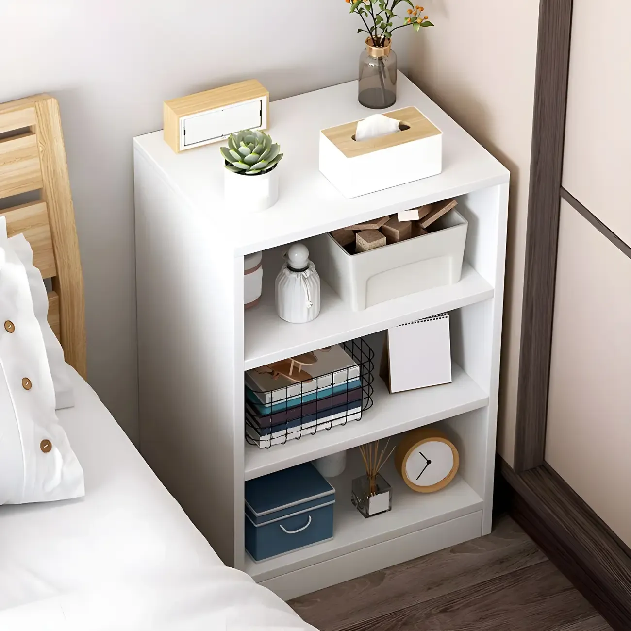 Natural Wooden Bedside Table with Open Shelves Storage Image - 11
