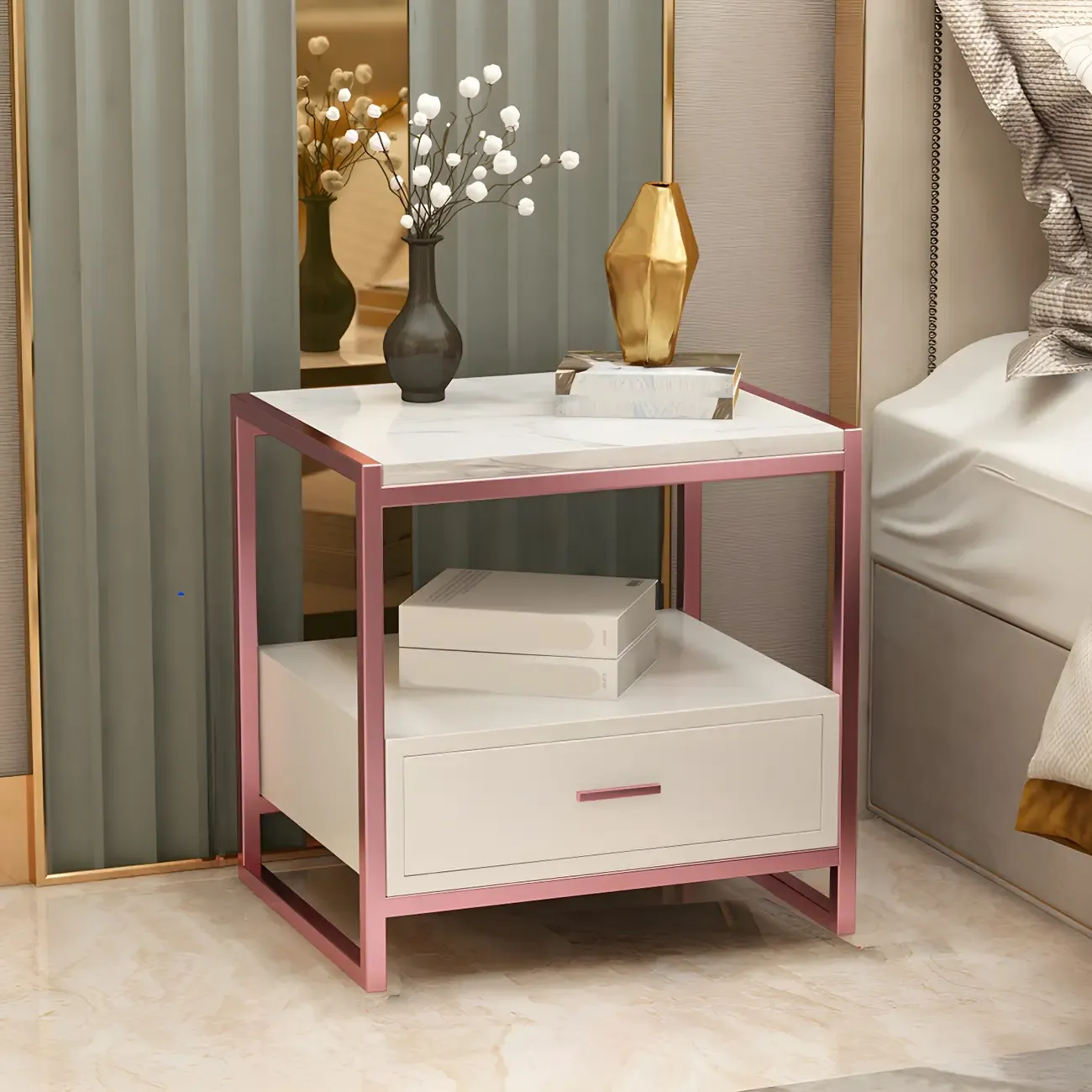 Modern White Bedside Table with Marble Top and Drawer Storage Image - 5