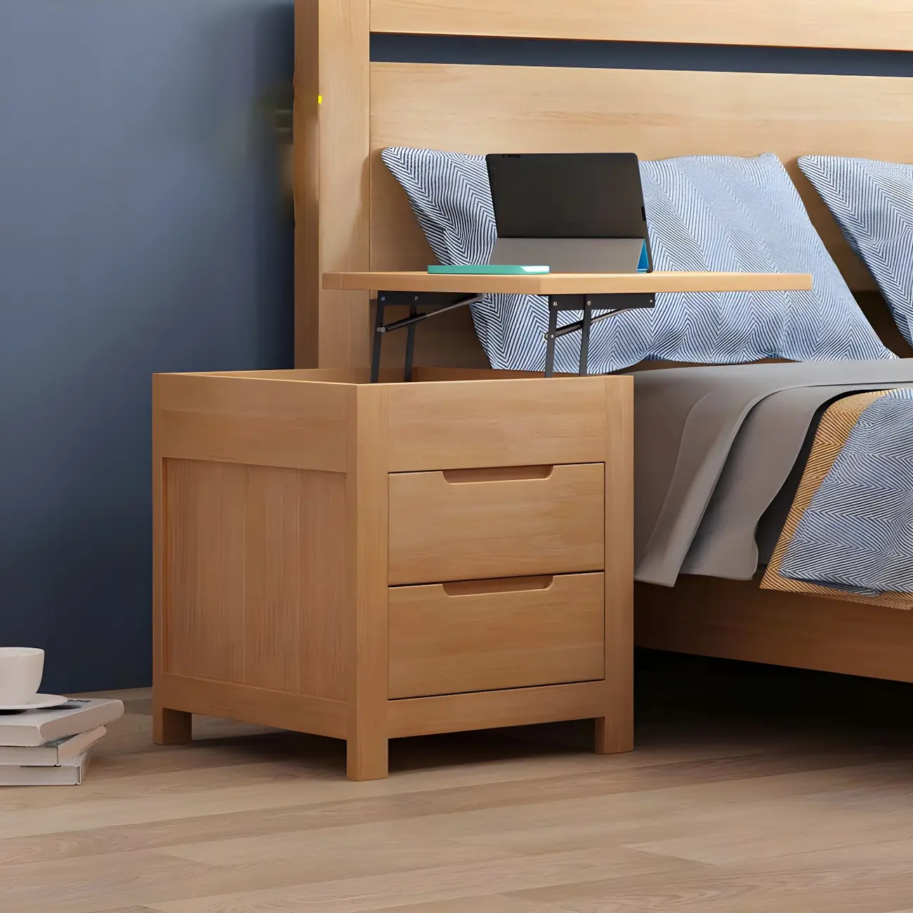 Narrow Rubberwood Lift-Top Bed Side Table with Drawers Image - 8 | homeyfad
