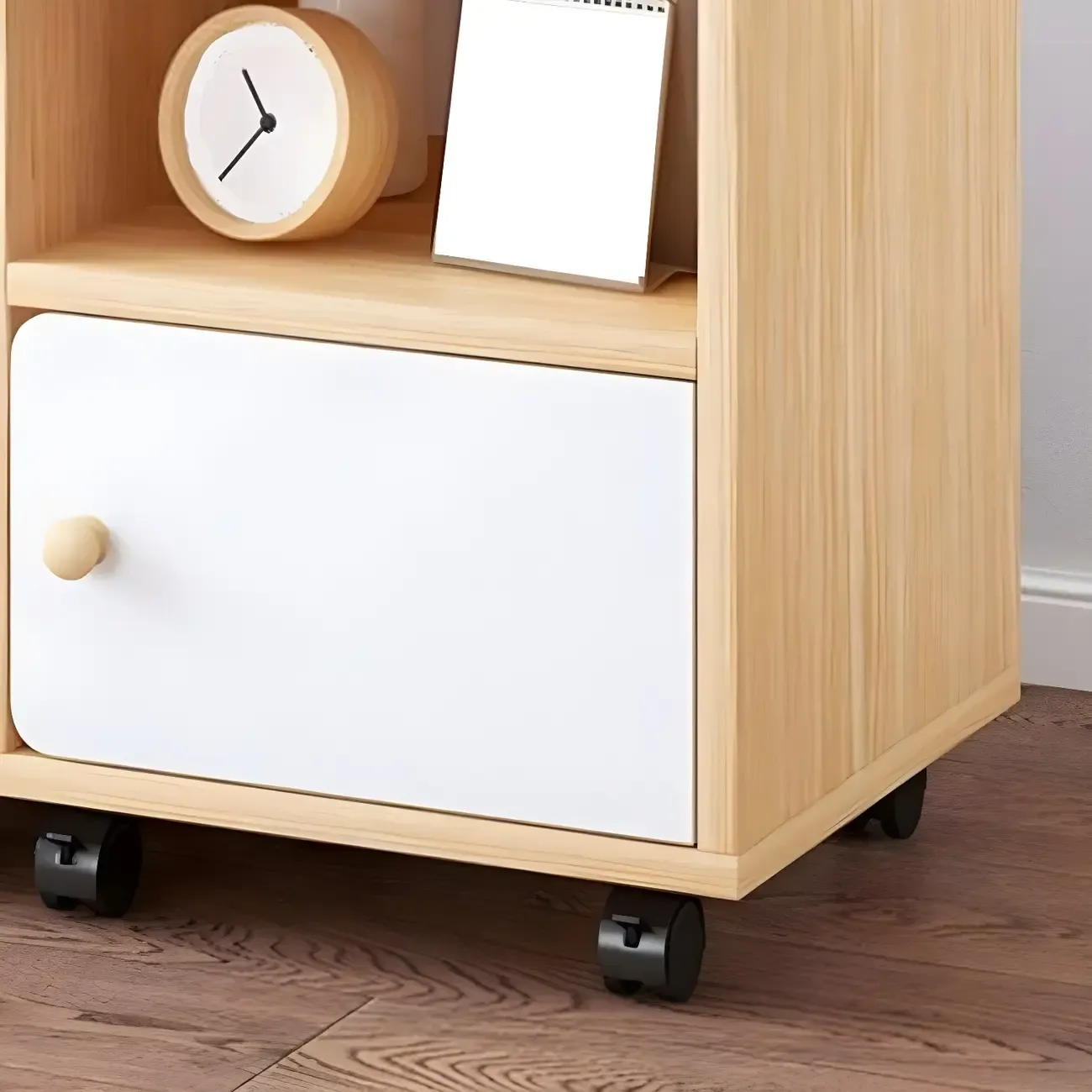 Natural Wooden Bedside Table with Open Shelves Storage Image - 12