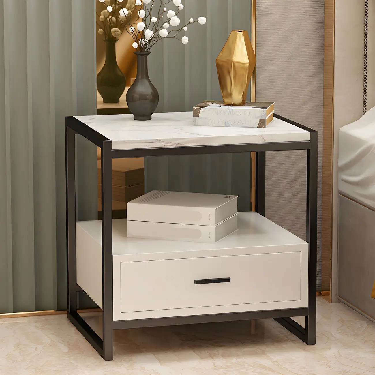 Modern White Bedside Table with Marble Top and Drawer Storage Image - 6 | homeyfad