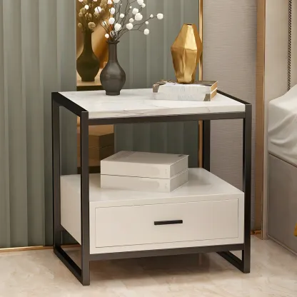 Modern White Bedside Table with Marble Top and Drawer Storage Image - 6