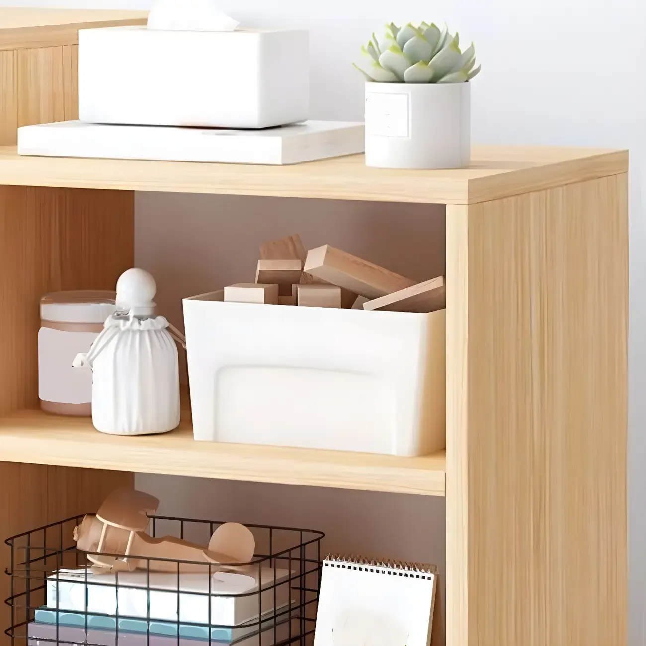 Natural Wooden Bedside Table with Open Shelves Storage Image - 13