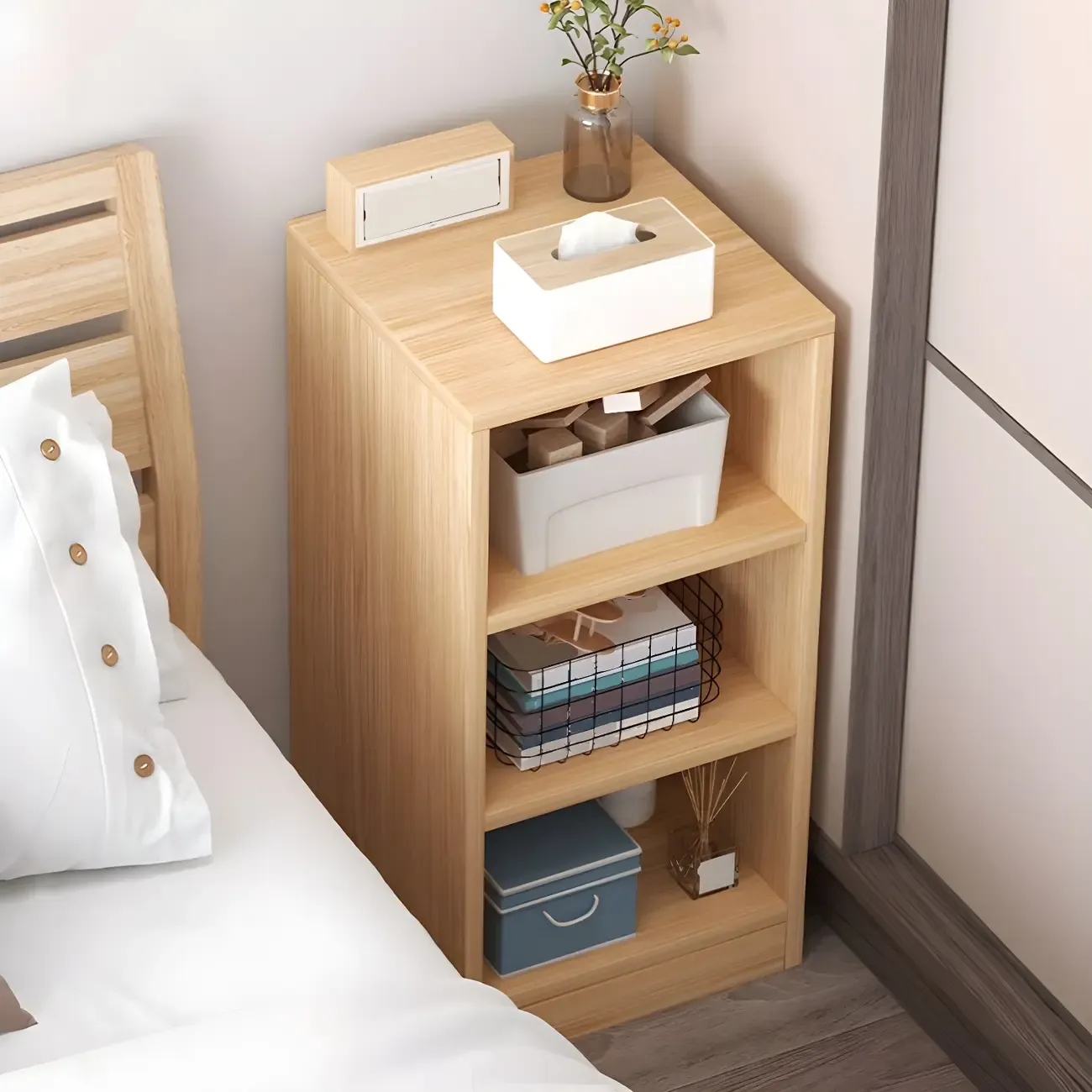 Natural Wooden Bedside Table with Open Shelves Storage Image - 14