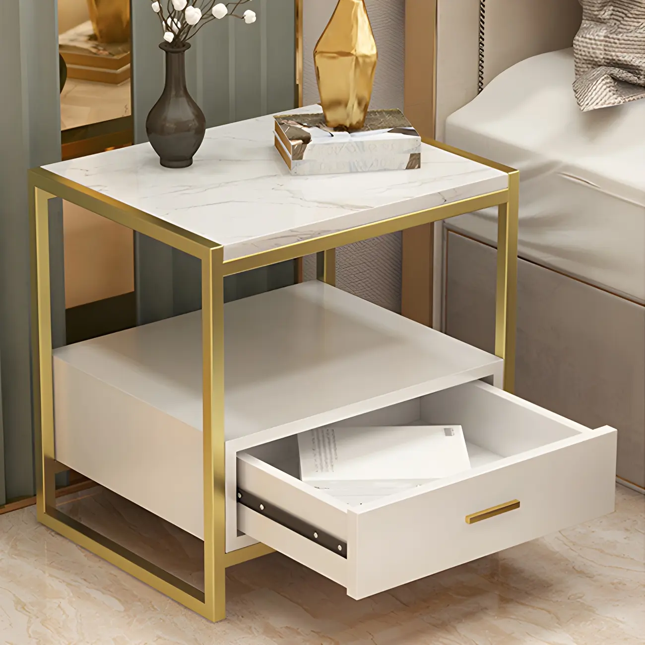 Modern White Bedside Table with Marble Top and Drawer Storage Image - 8 | homeyfad