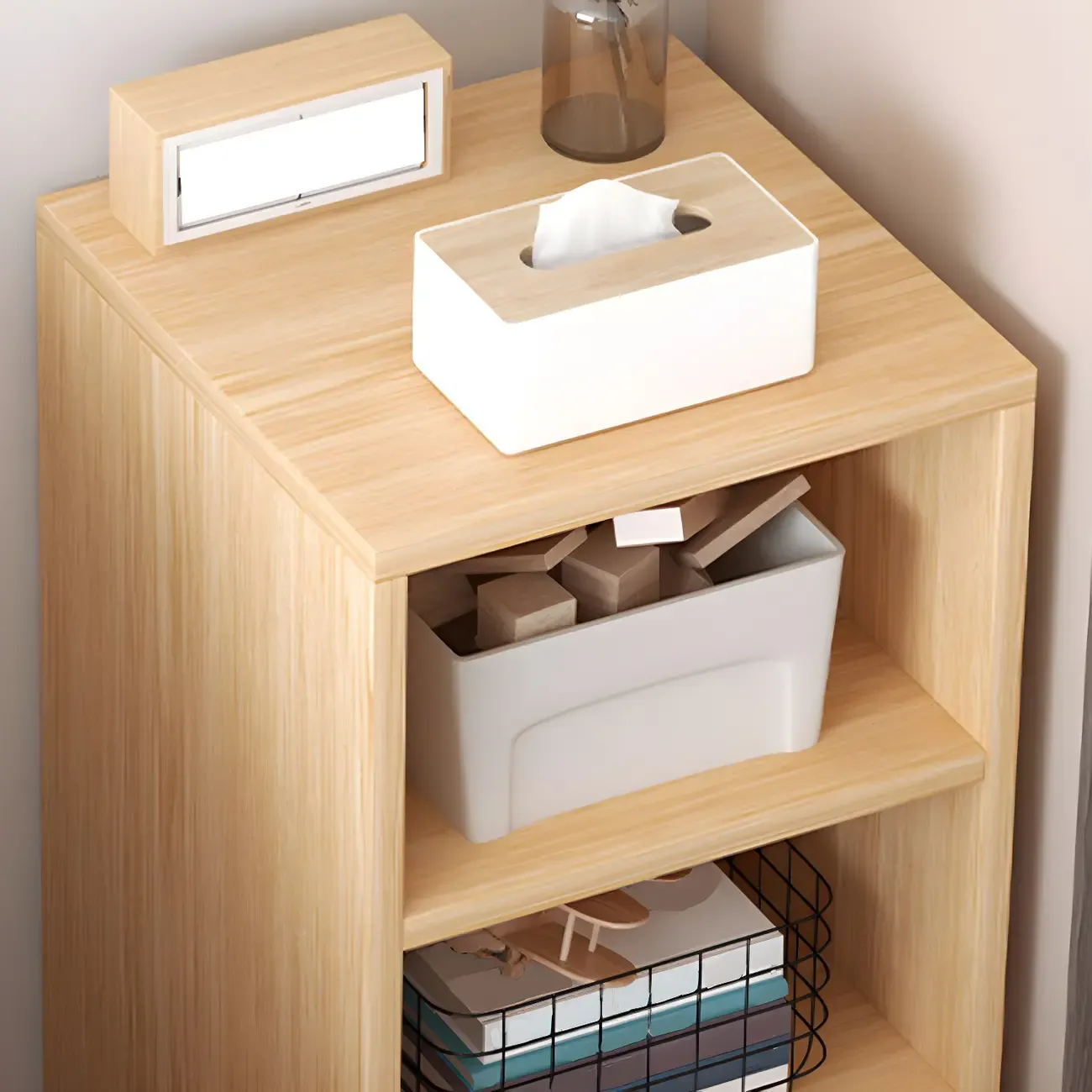 Natural Wooden Bedside Table with Open Shelves Storage Image - 15