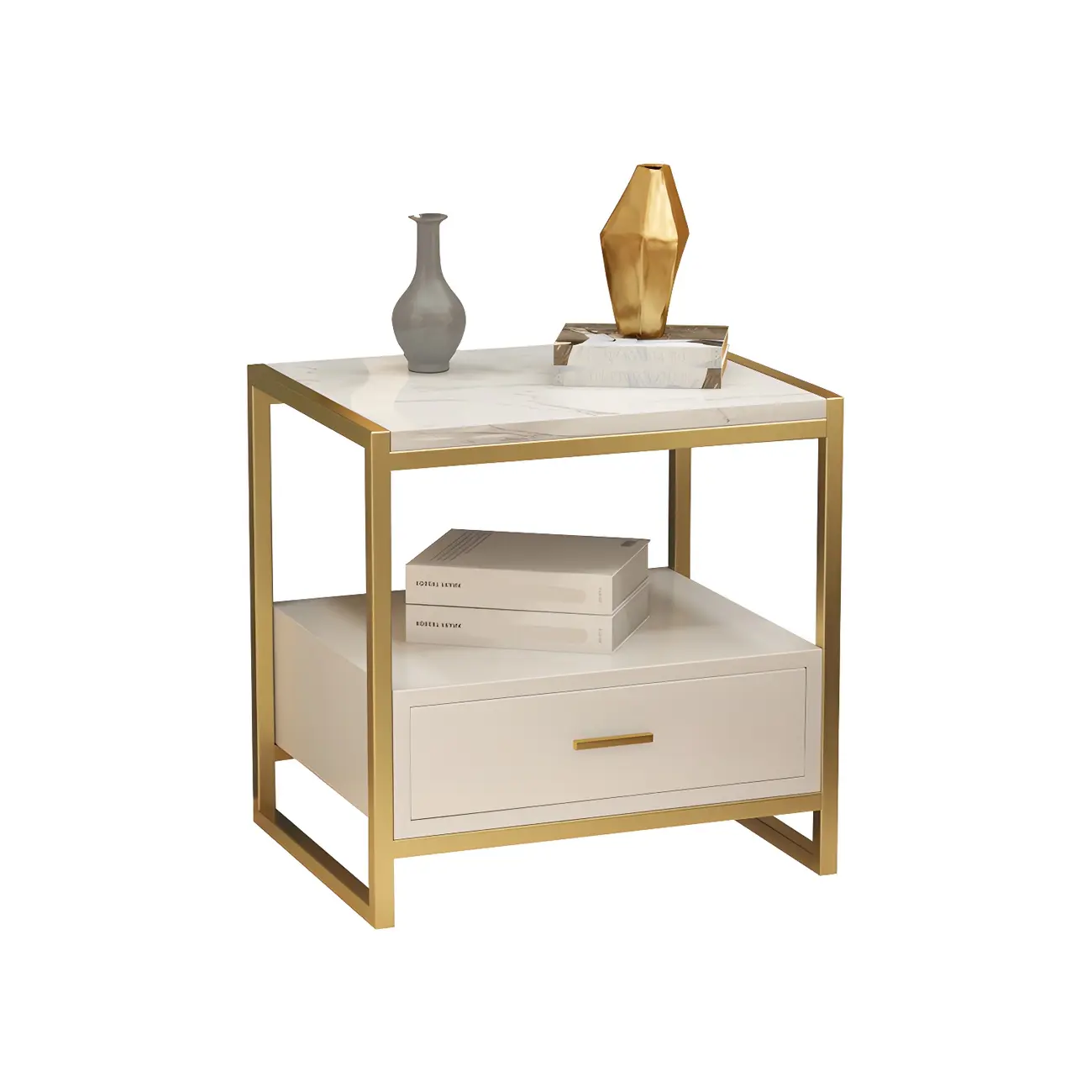 Modern White Bedside Table with Marble Top and Drawer Storage Image - 9 | homeyfad