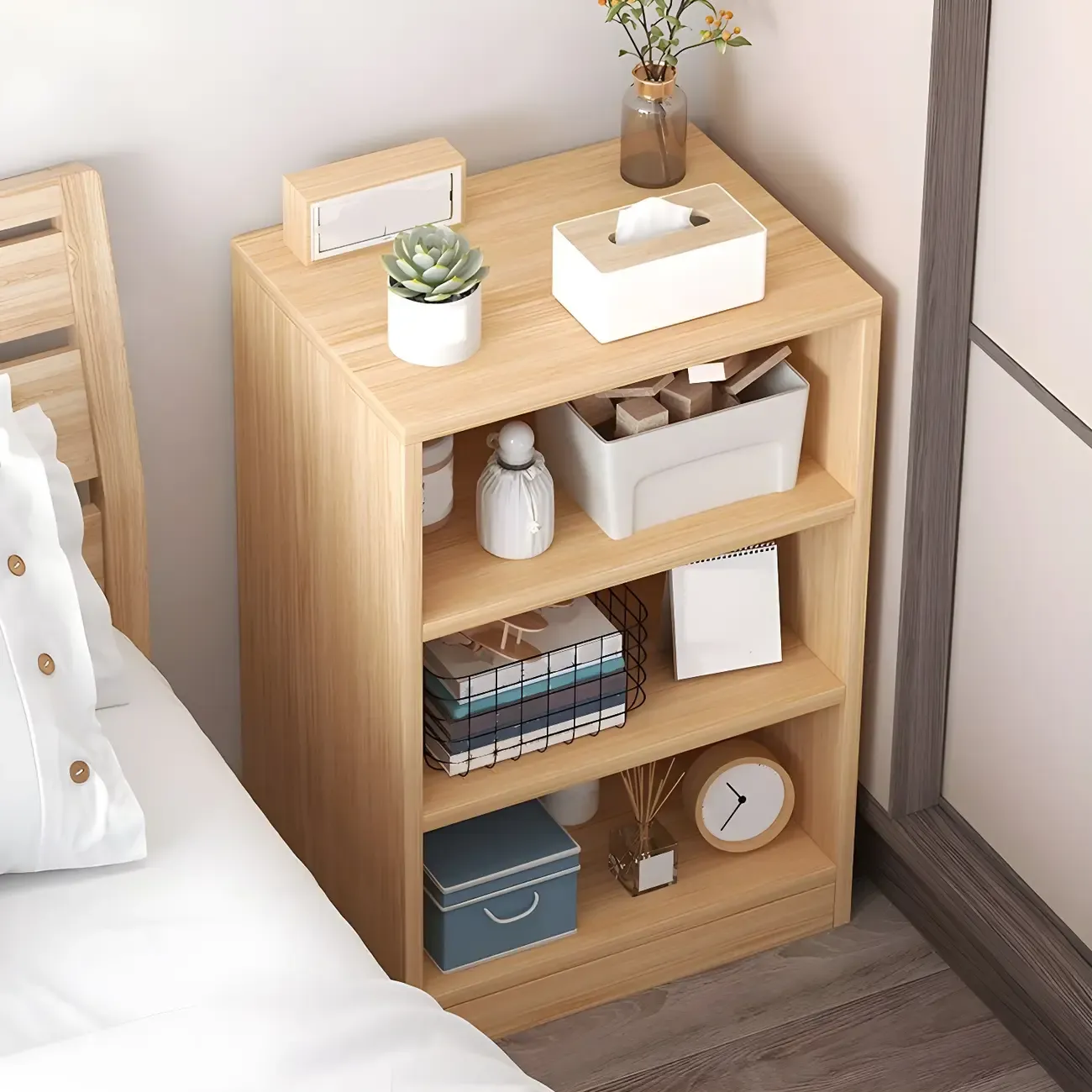 Natural Wooden Bedside Table with Open Shelves Storage Image - 16