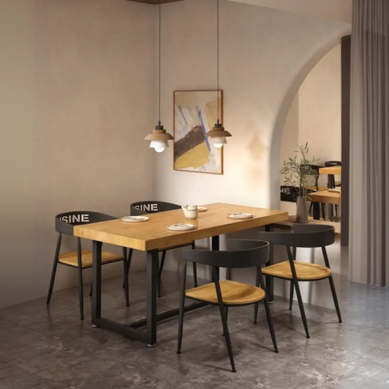 Industrial Wood Dining Set with Metal Trestle Base Image - 1 | homeyfad