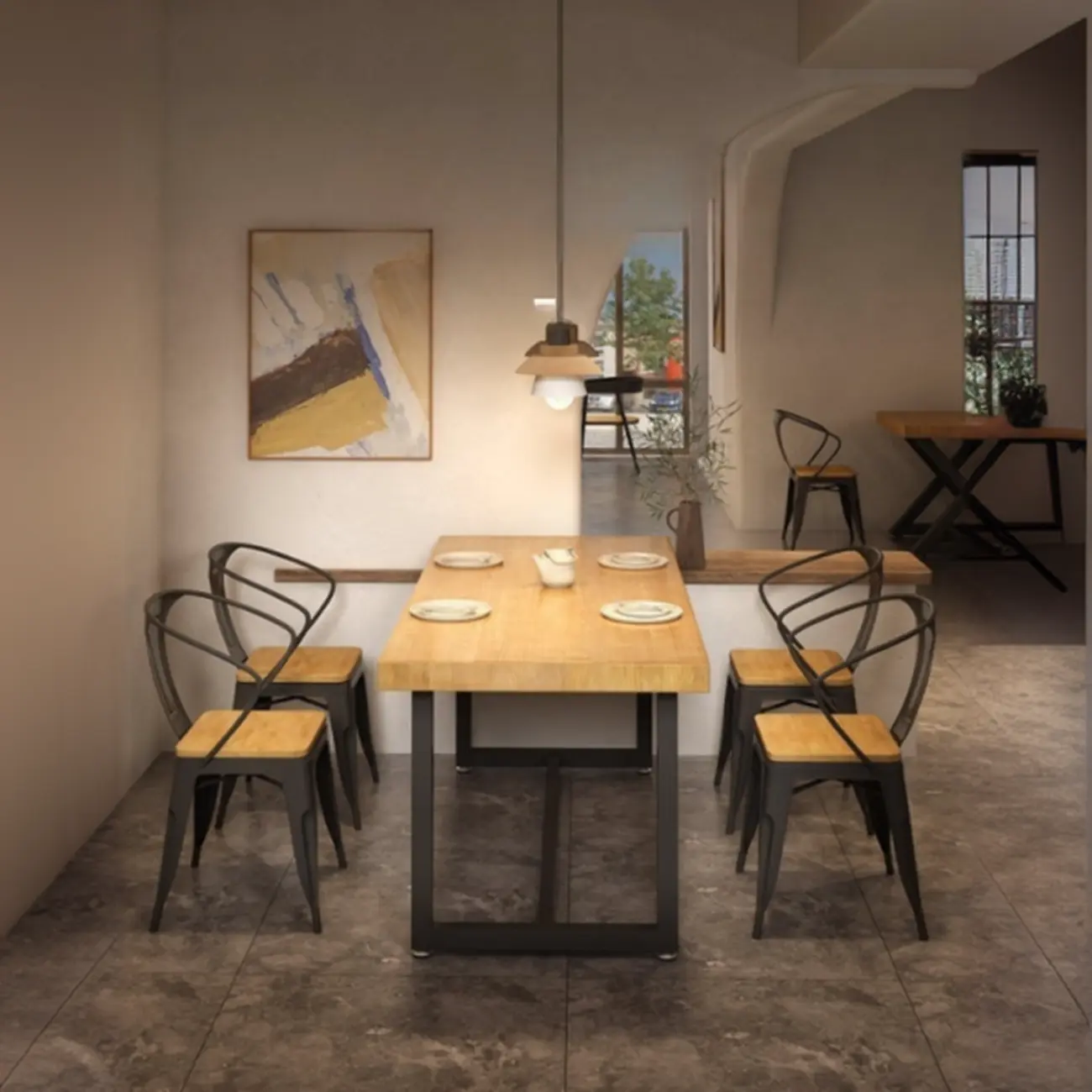 Industrial Wood Dining Set with Metal Trestle Base Image - 2 | homeyfad