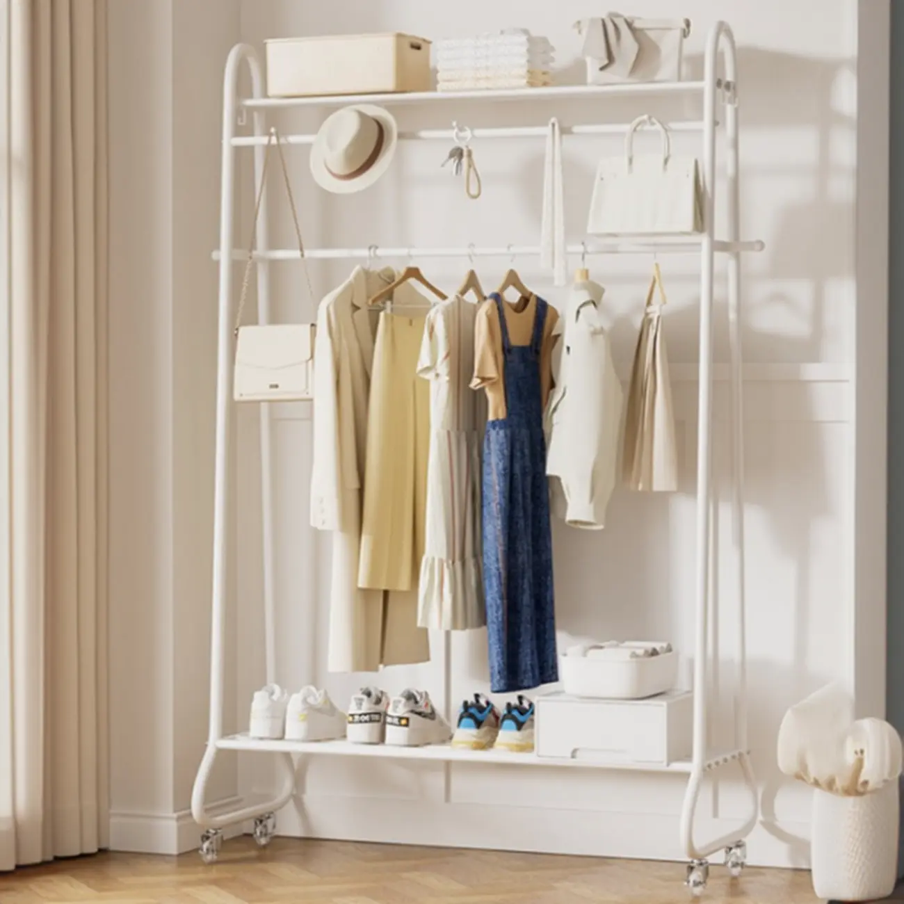 Freestanding Metal Coat Rack with Wheels and Storage Shoe Image - 1 | homeyfad