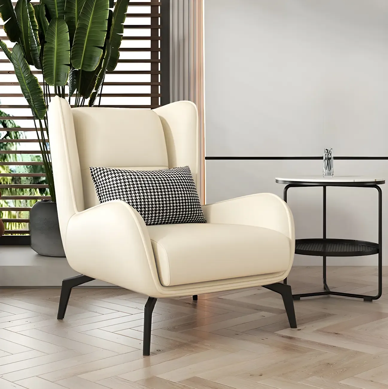 Modern Beige Leather Accent Chair with One Pillow Image - 14