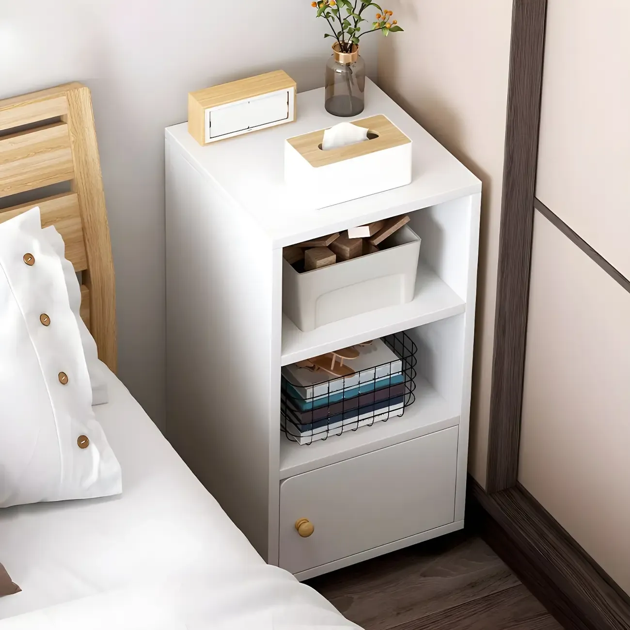 Natural Wooden Bedside Table with Open Shelves Storage Image - 19