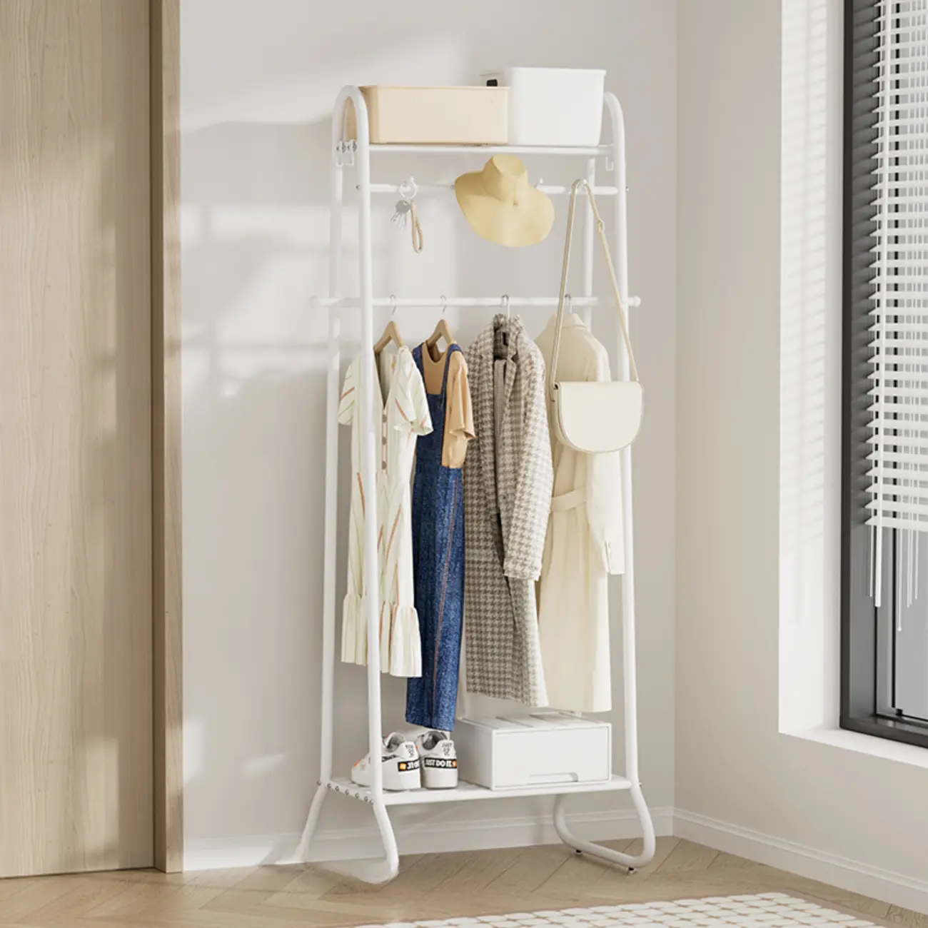 Freestanding Metal Coat Rack with Wheels and Storage Shoe Image - 2 | homeyfad