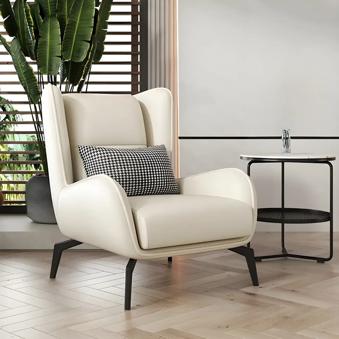 Modern Beige Leather Accent Chair with One Pillow Image - 15