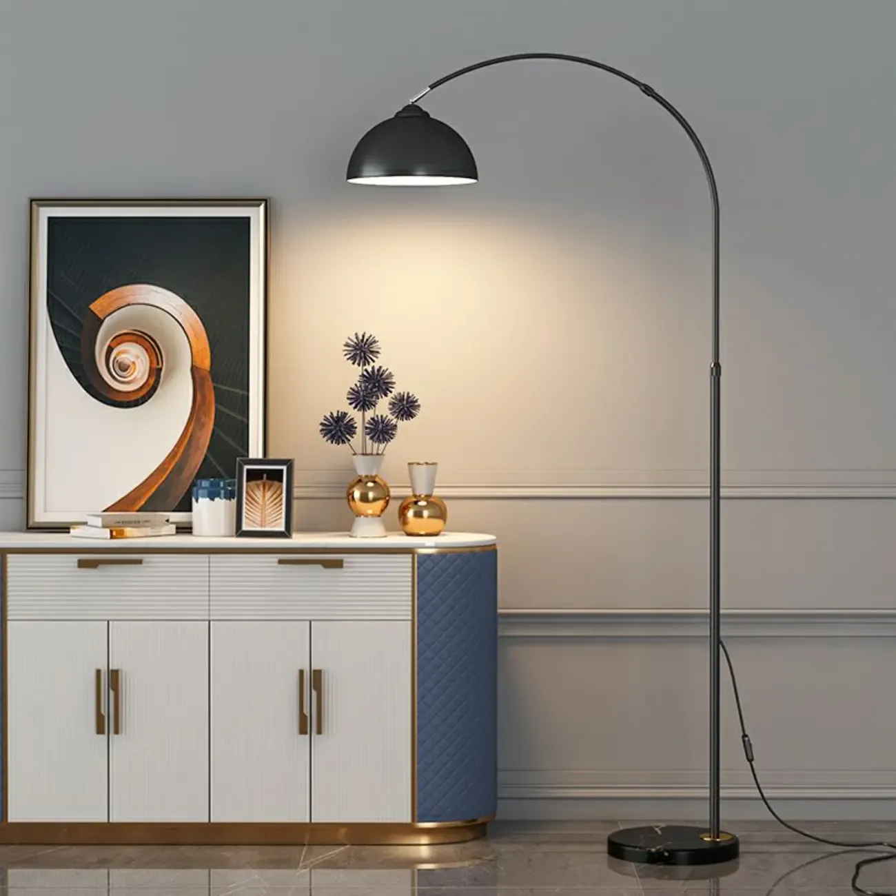 Minimalist LED Adjustable Black Arc Floor Lamp with Marble Base Image - 1