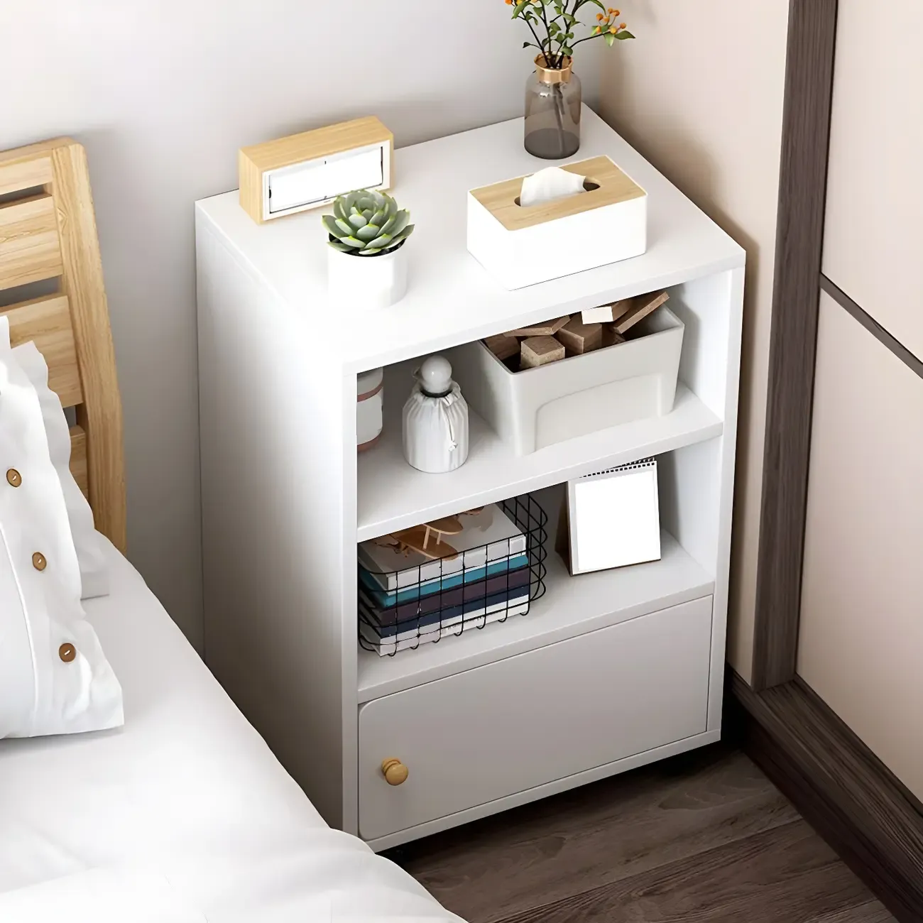 Natural Wooden Bedside Table with Open Shelves Storage Image - 21
