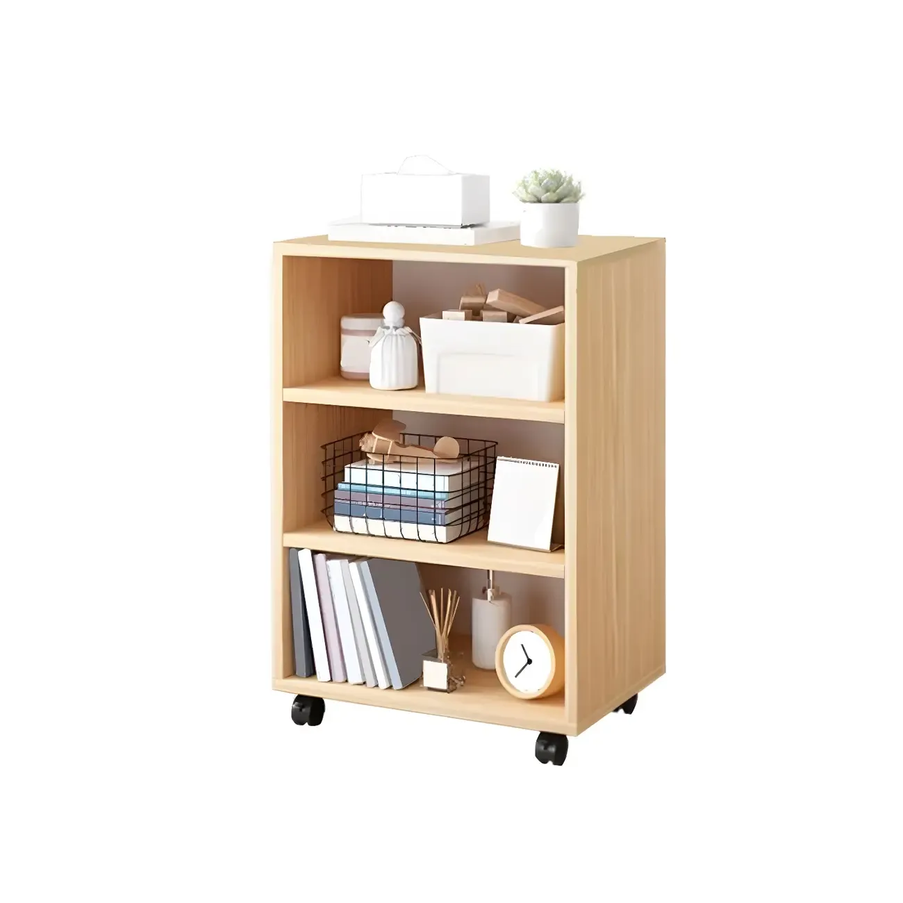 Natural Wooden Bedside Table with Open Shelves Storage Image - 22