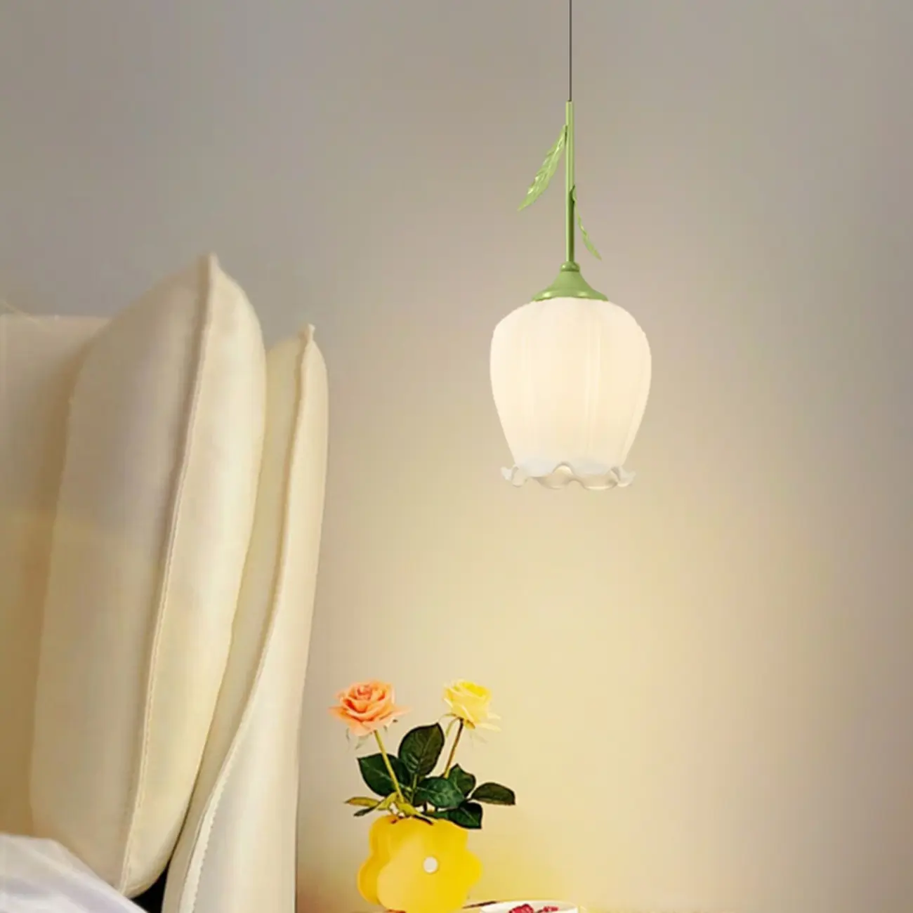 Kids white glass floral led pendant lamp with Tulip shape for bedside Image - 19 | homeyfad