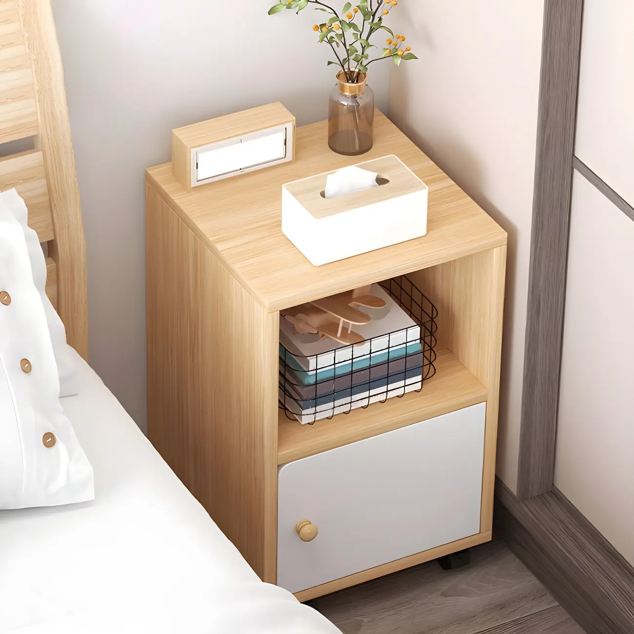 Natural Wooden Bedside Table with Open Shelves Storage Image - 23 | homeyfad