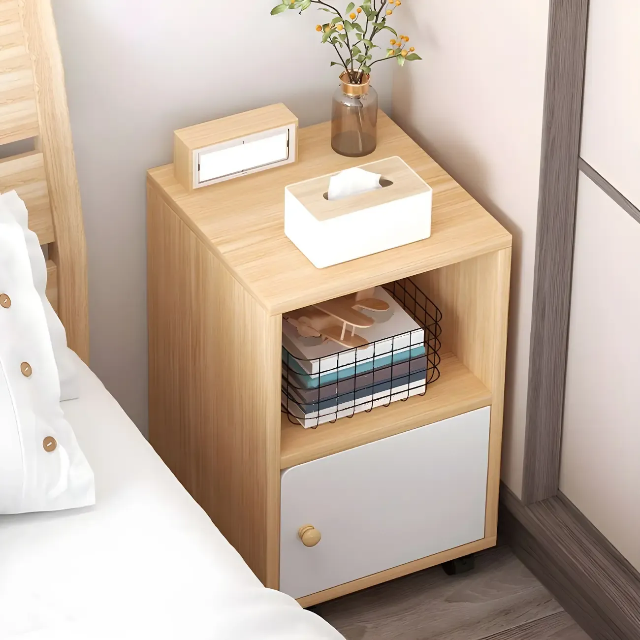 Natural Wooden Bedside Table with Open Shelves Storage Image - 23