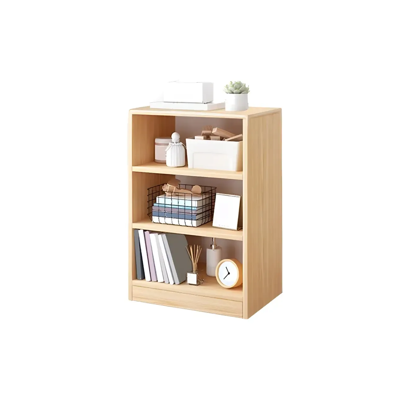 Natural Wooden Bedside Table with Open Shelves Storage Image - 24