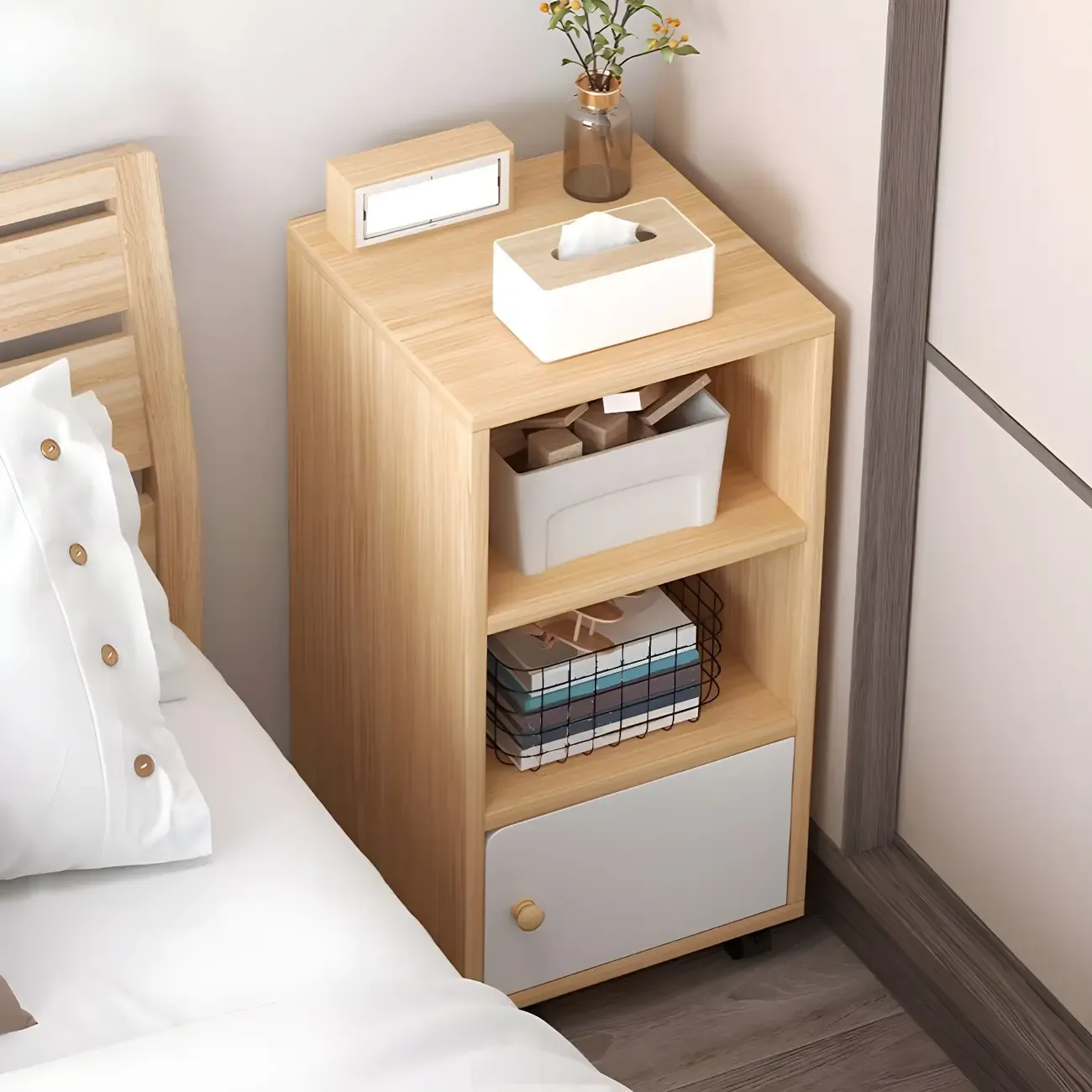 Natural Wooden Bedside Table with Open Shelves Storage Image - 25