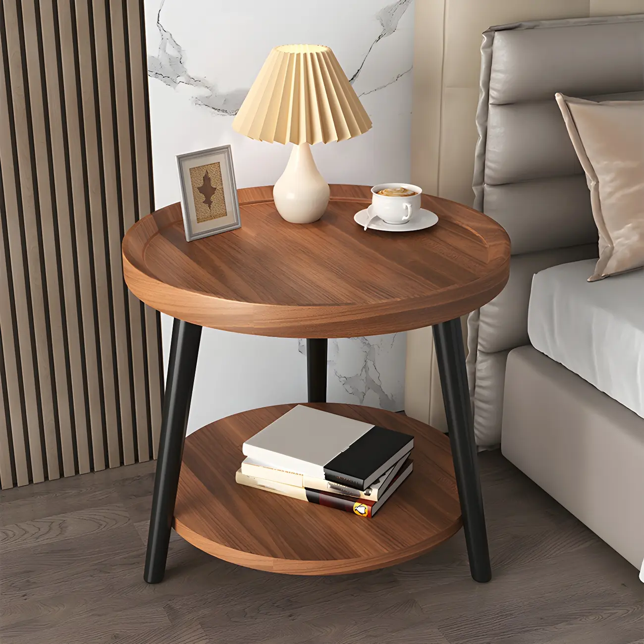 Natural Wooden Round Bedside Table with Open Storage Image - 1 | homeyfad