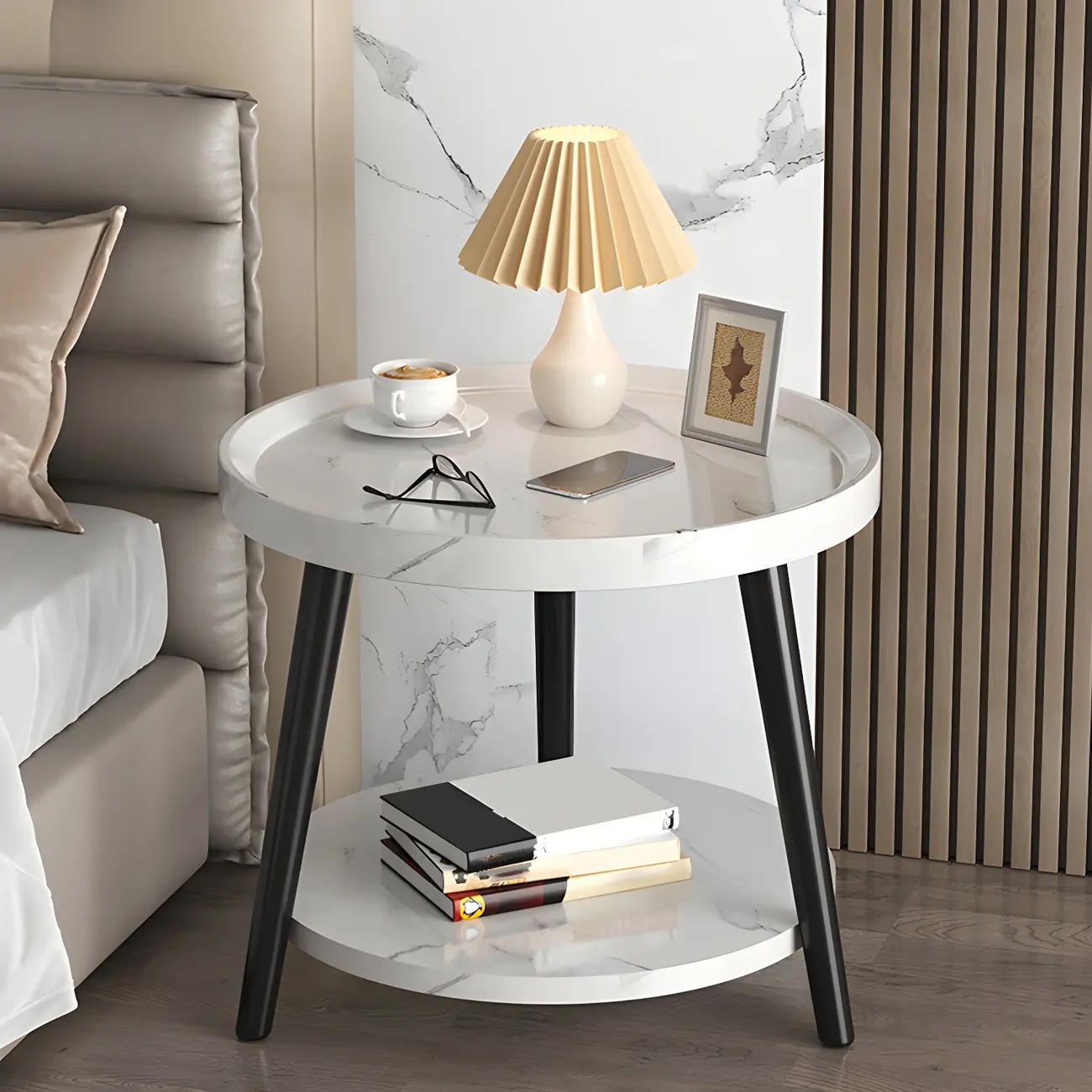 Natural Wooden Round Bedside Table with Open Storage Image - 2 | homeyfad