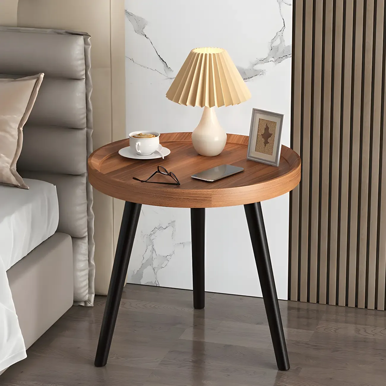 Natural Wooden Round Bedside Table with Open Storage Image - 3