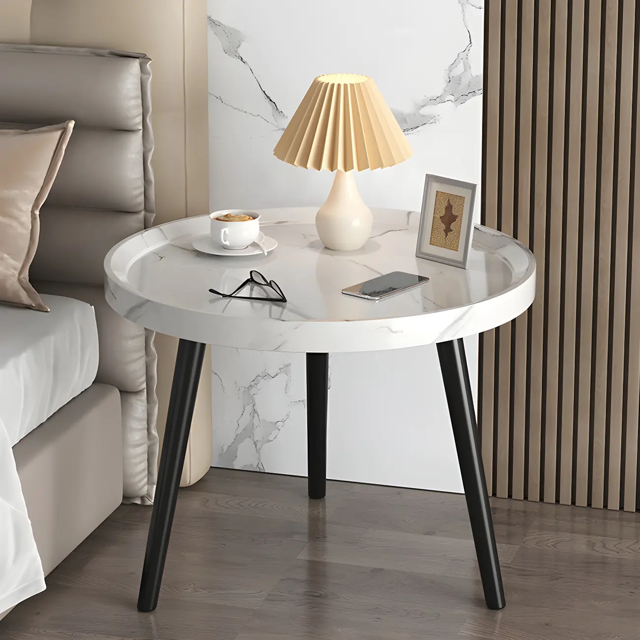 Natural Wooden Round Bedside Table with Open Storage Image - 4 | homeyfad