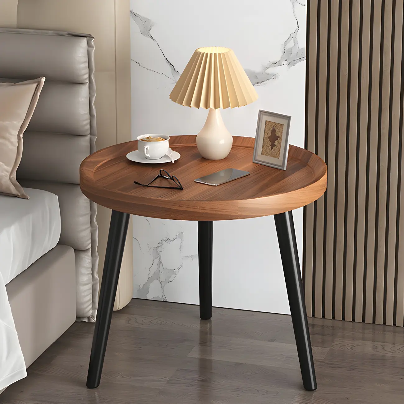 Natural Wooden Round Bedside Table with Open Storage Image - 5 | homeyfad