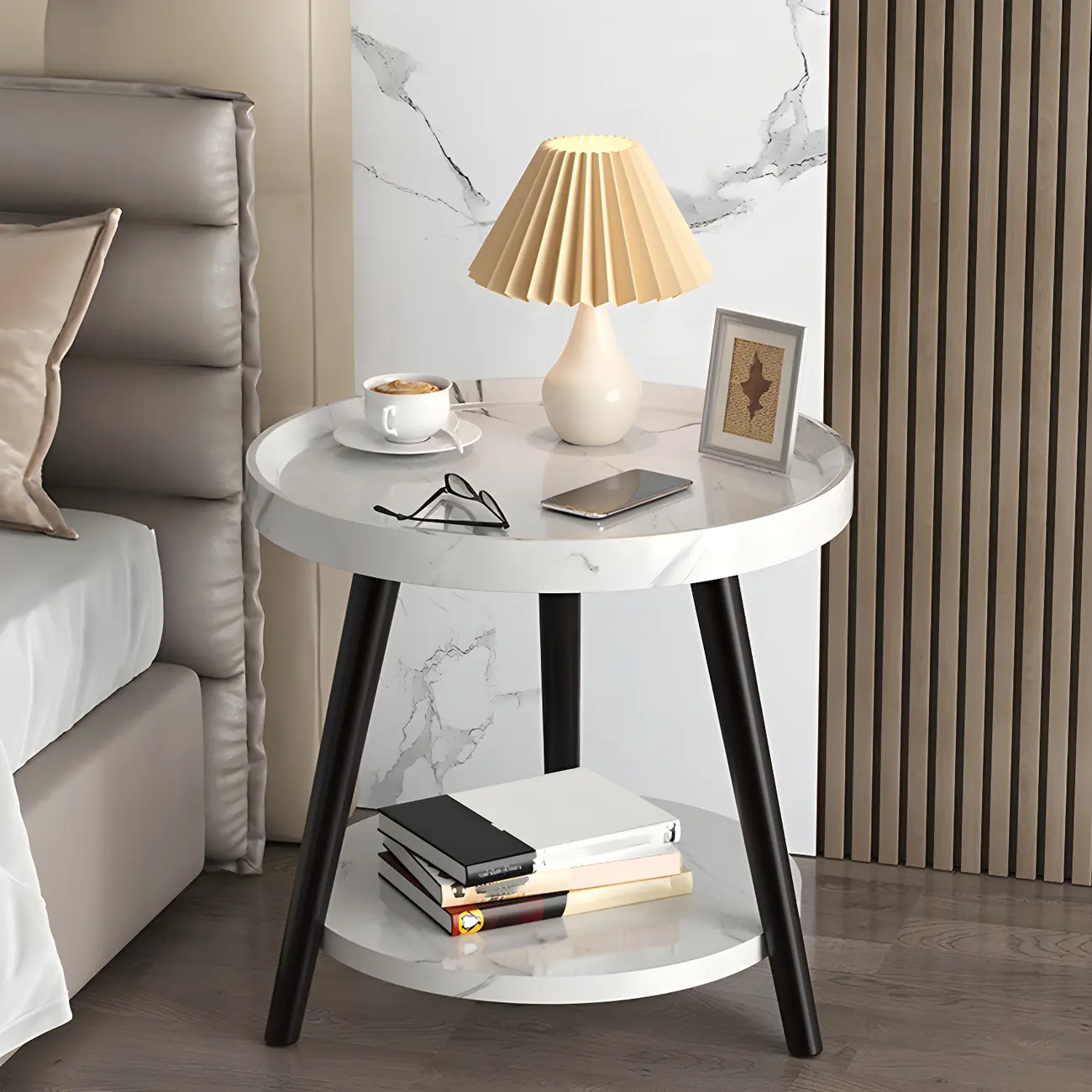 Natural Wooden Round Bedside Table with Open Storage Image - 6 | homeyfad