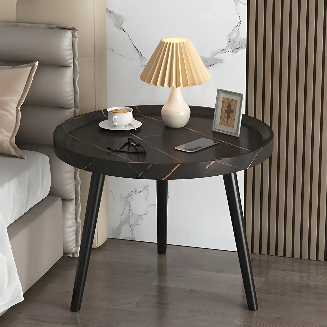 Natural Wooden Round Bedside Table with Open Storage Image - 8