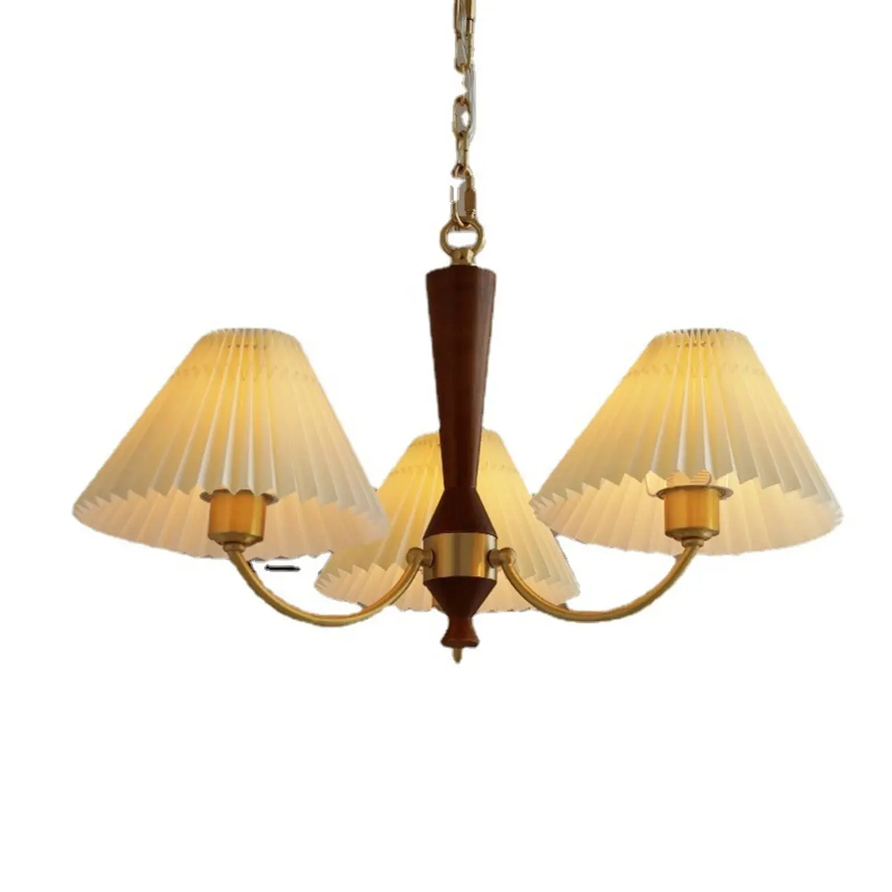 Vintage Brass Fabric Chandelier with Beige Pleated Shades  Image - 5 | homeyfad