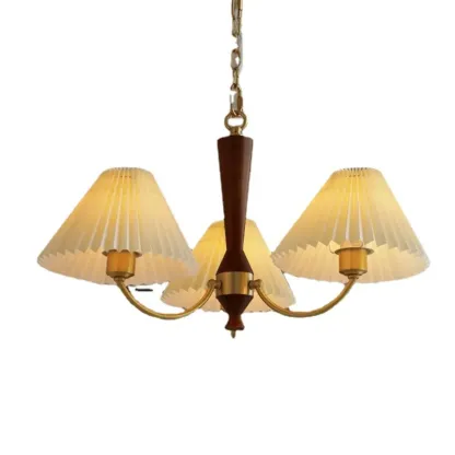 Vintage Brass Fabric Chandelier with Beige Pleated Shades  Image - 5