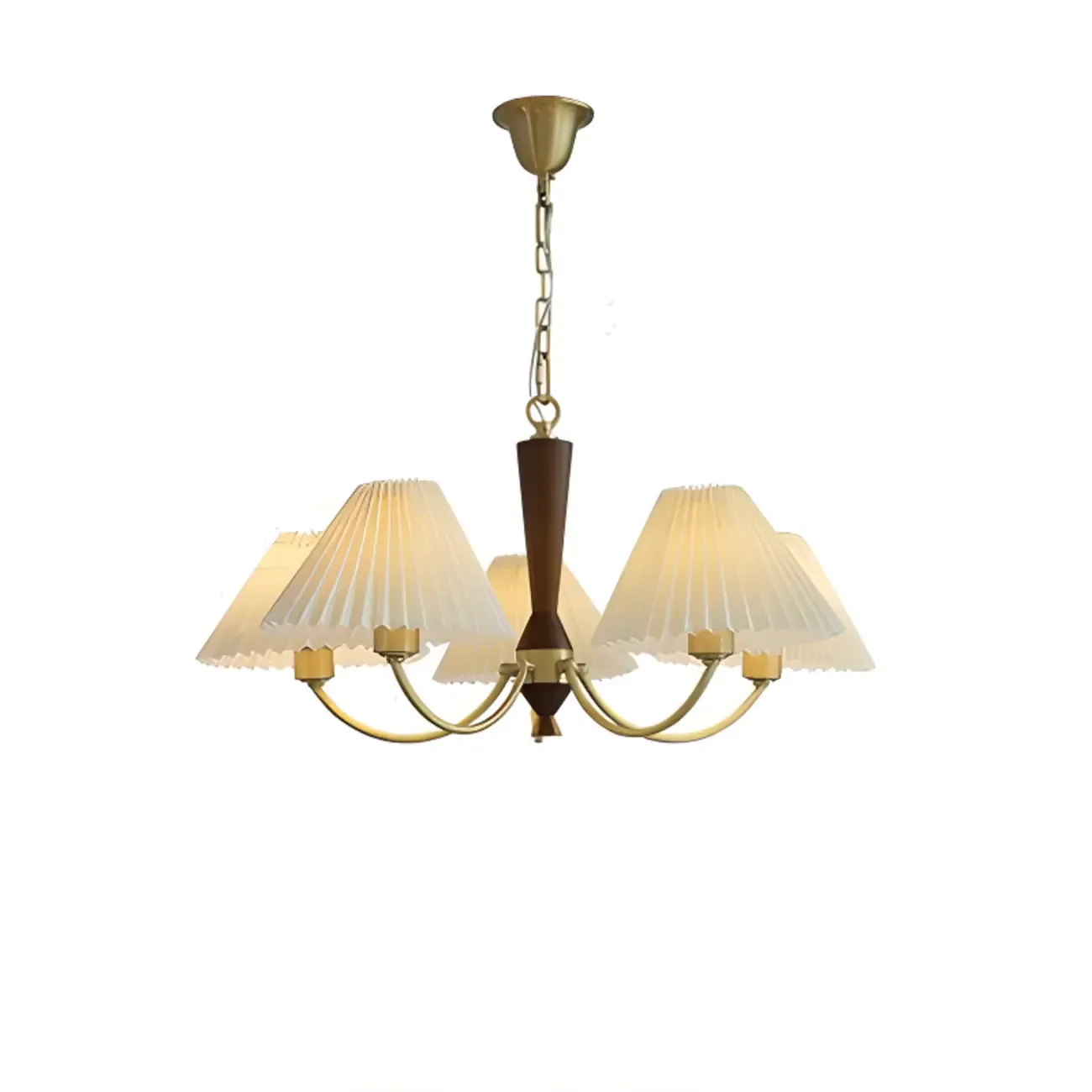 Vintage Brass Fabric Chandelier with Beige Pleated Shades  Image - 6