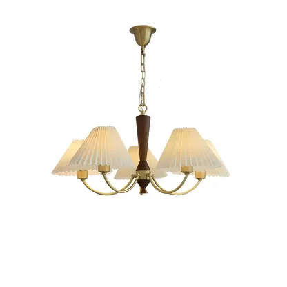Vintage Brass Fabric Chandelier with Beige Pleated Shades  Image - 6