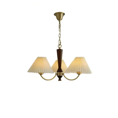 Vintage Brass Fabric Chandelier with Beige Pleated Shades  Image - 7
