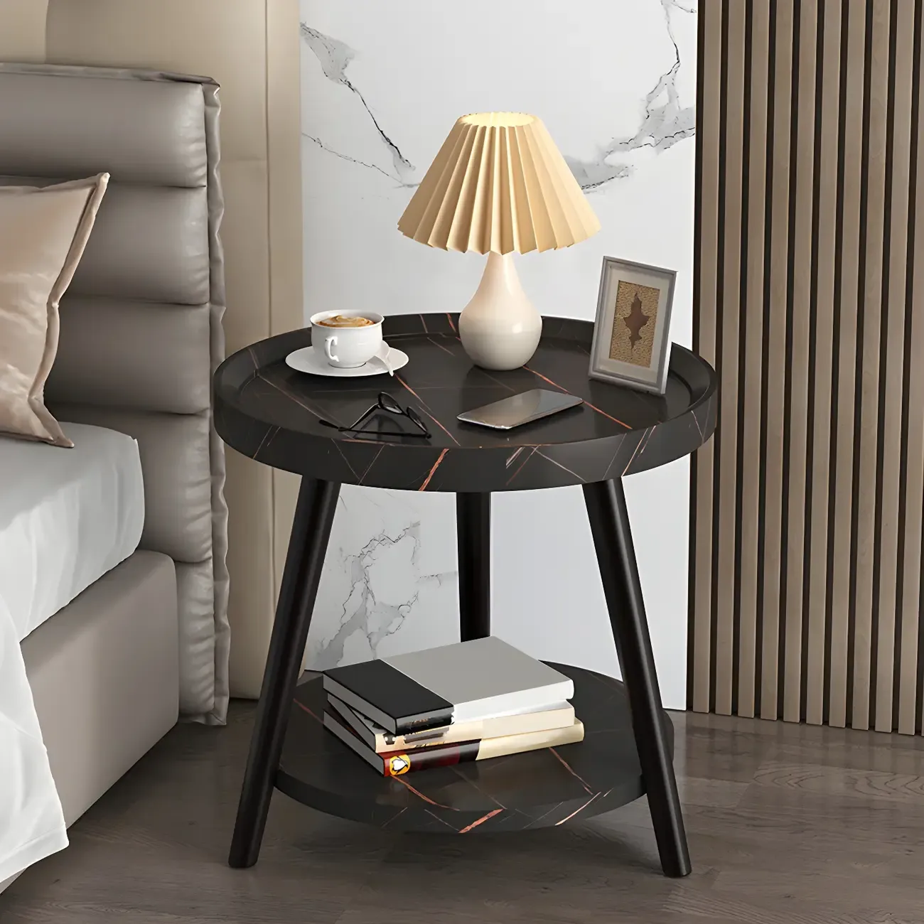 Natural Wooden Round Bedside Table with Open Storage Image - 12