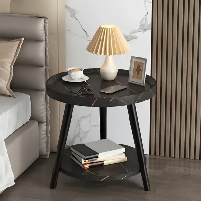 Natural Wooden Round Bedside Table with Open Storage Image - 12