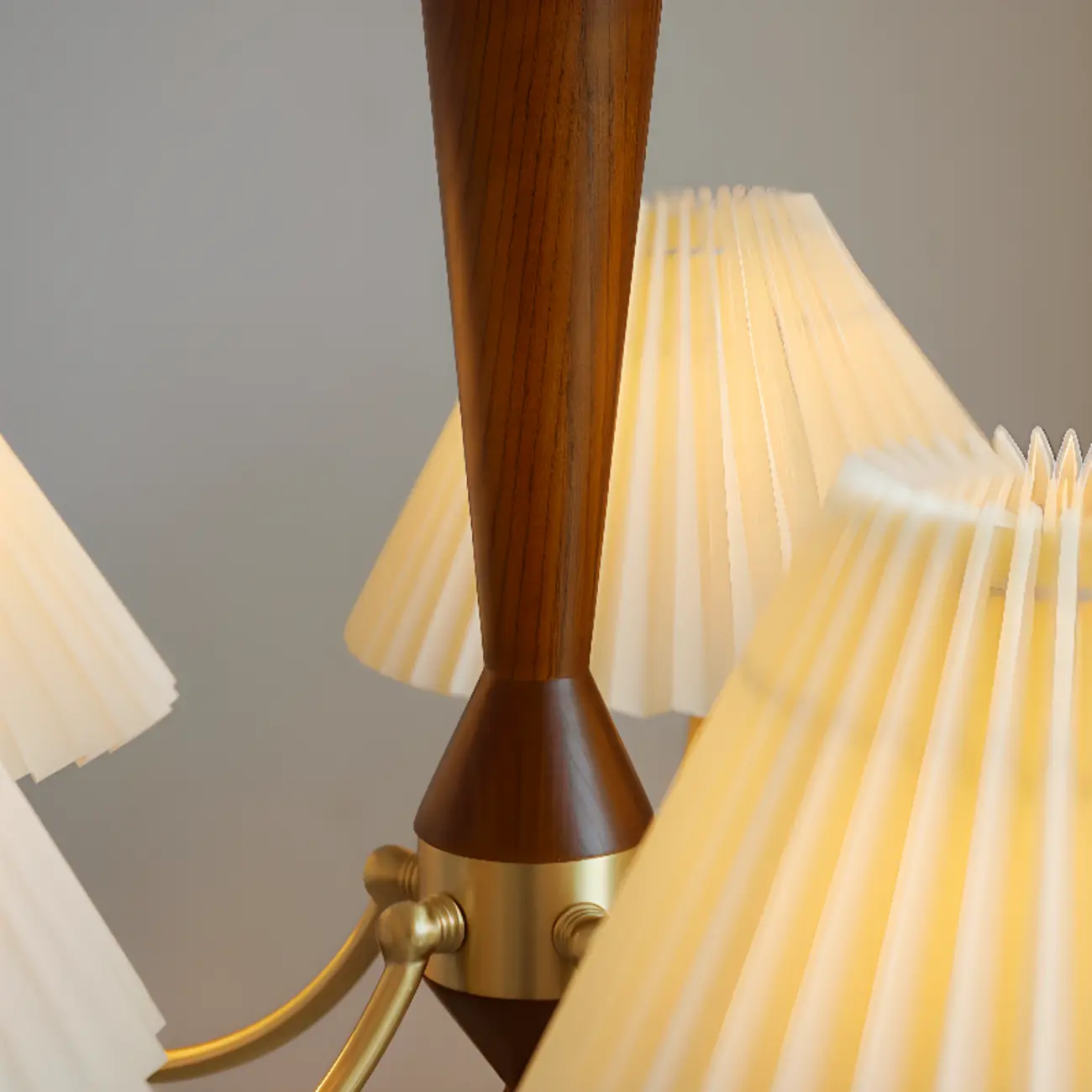 Vintage Brass Fabric Chandelier with Beige Pleated Shades  Image - 9 | homeyfad