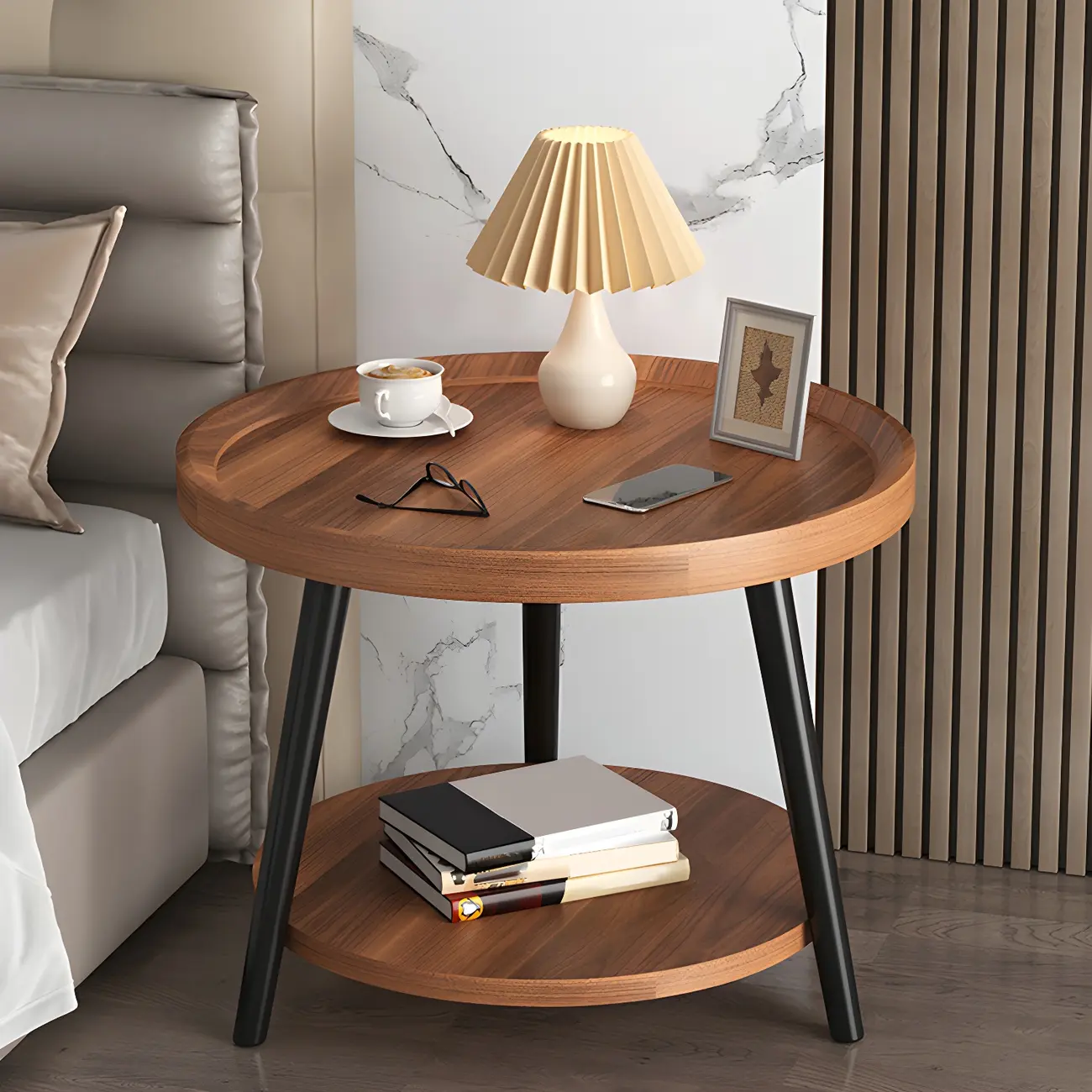 Natural Wooden Round Bedside Table with Open Storage Image - 13 | homeyfad