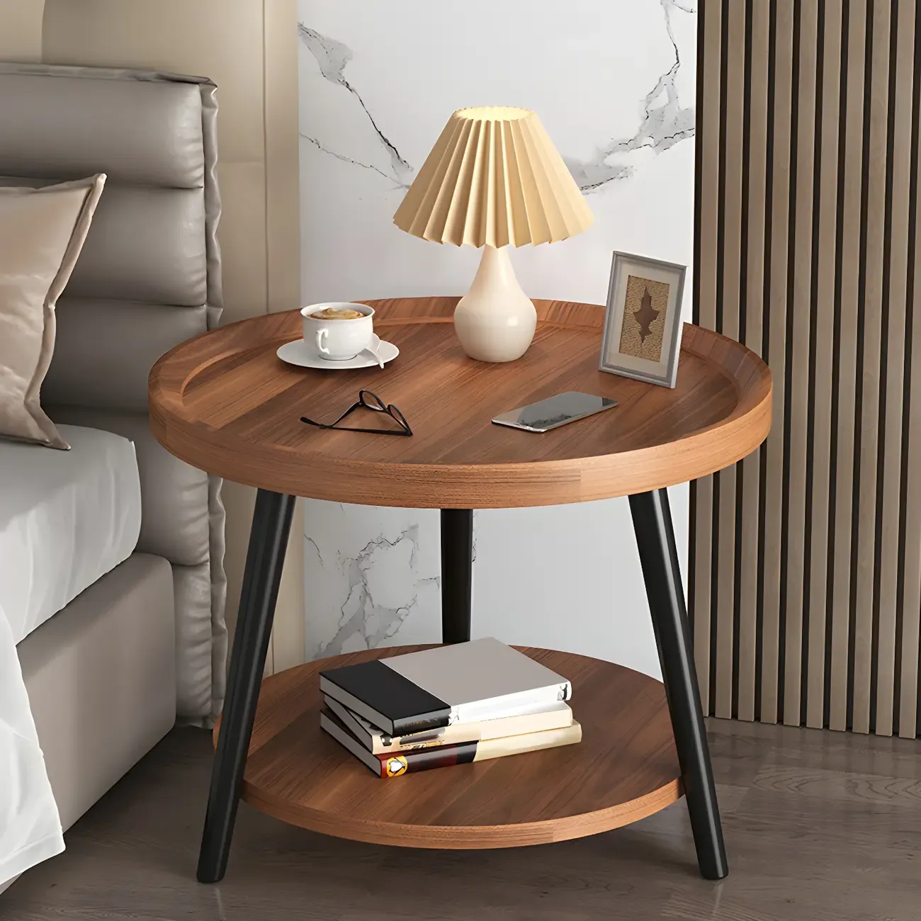 Natural Wooden Round Bedside Table with Open Storage Image - 13